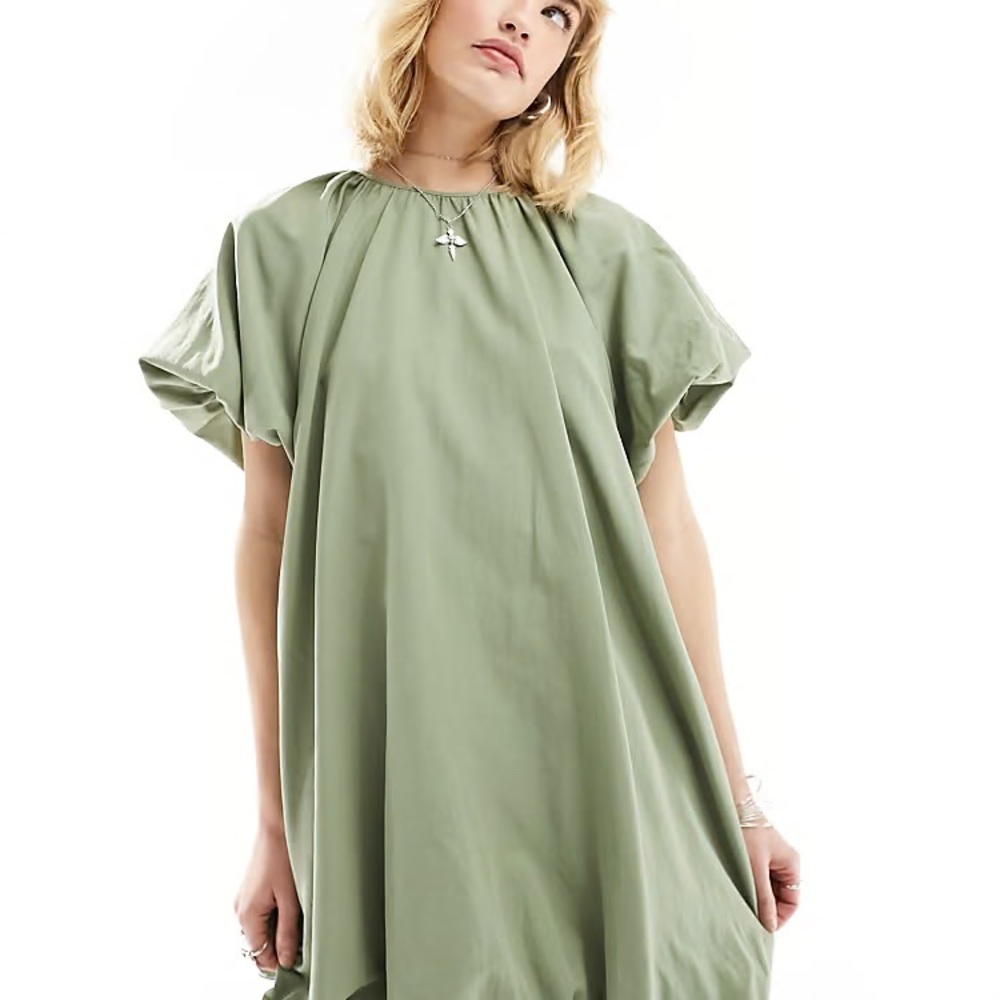 Asos Design puffballsmock mini dress in dusky sage